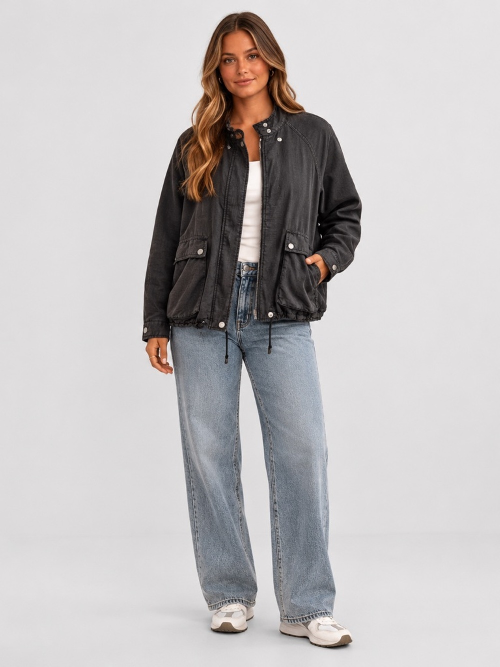 Free People Black Bomber Jacket Womens M Linen Blend Drawstring Sporty